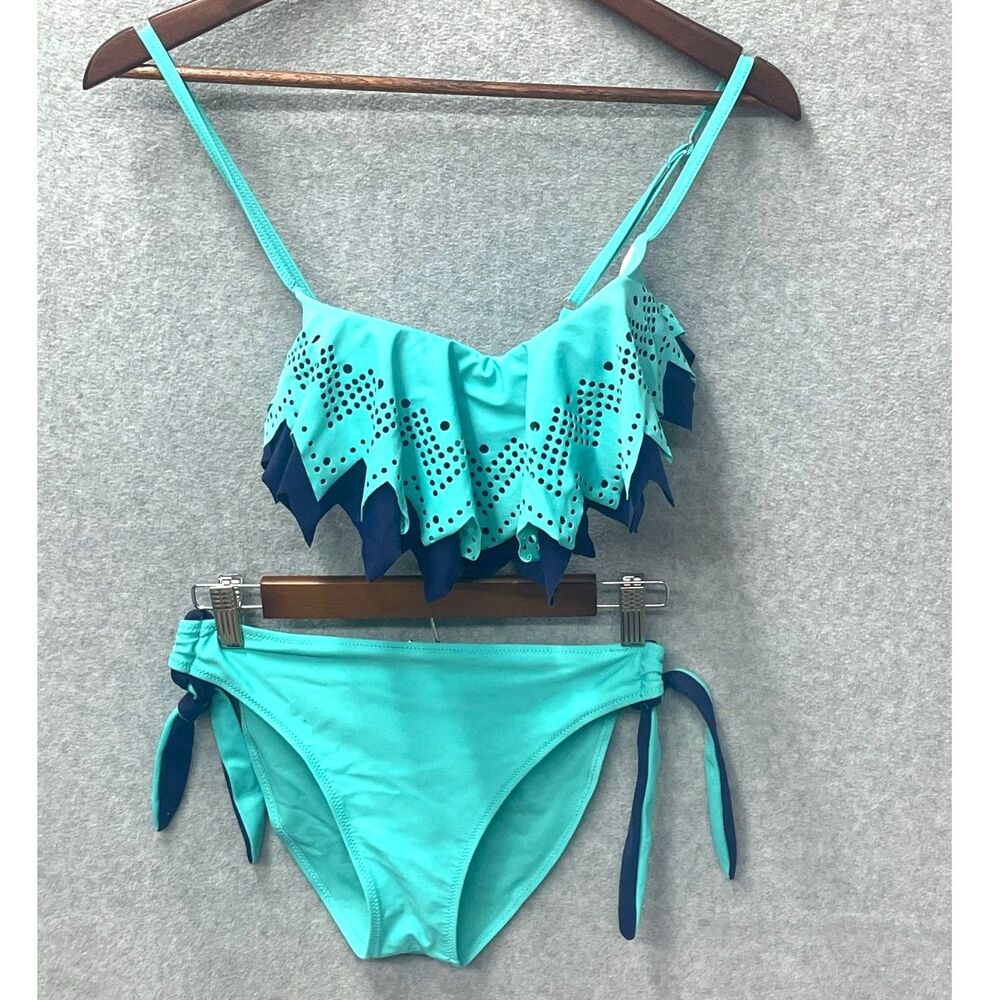 Teal Scallop Eyelet Ruffle Bikini Set Tie Side XS